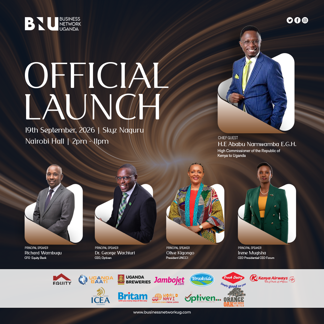 BNU Official Launch poster — Saturday 19 September 2026, Skyz Naguru, Nairobi Hall, 2pm–11pm. Chief Guest: H.E. Ababu Namwamba E.G.H., High Commissioner of the Republic of Kenya to Uganda. Principal speakers: Richard Wambugu (CFO, Equity Bank), Dr. George Wachiuri (CEO, Optiven), Olive Kigongo (President, UNCCI) and Irene Mugisha (CEO, Presidential CEO Forum). Sponsors: Equity, Uganda Baati, Jambojet, Brookside, Fresh Dairy and Kenya Airways.