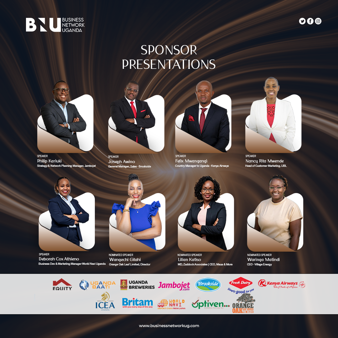 BNU Sponsor Presentations poster — speakers Philip Kariuki, Joseph Awino, Felix Mwangangi, Nancy Rita Mwende and Deborah Cox Athieno; nominated speakers Wangechi Gitahi, Lilian Katiso and Waringa Matindi. BNU Launch, 19 September 2026.